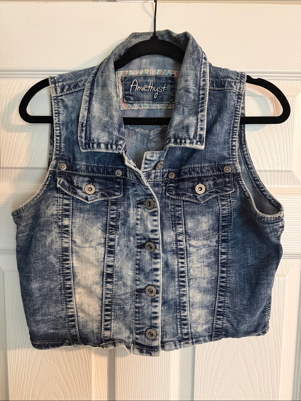 Amethyst Jeans Distressed Blue Denim Cropped Vest